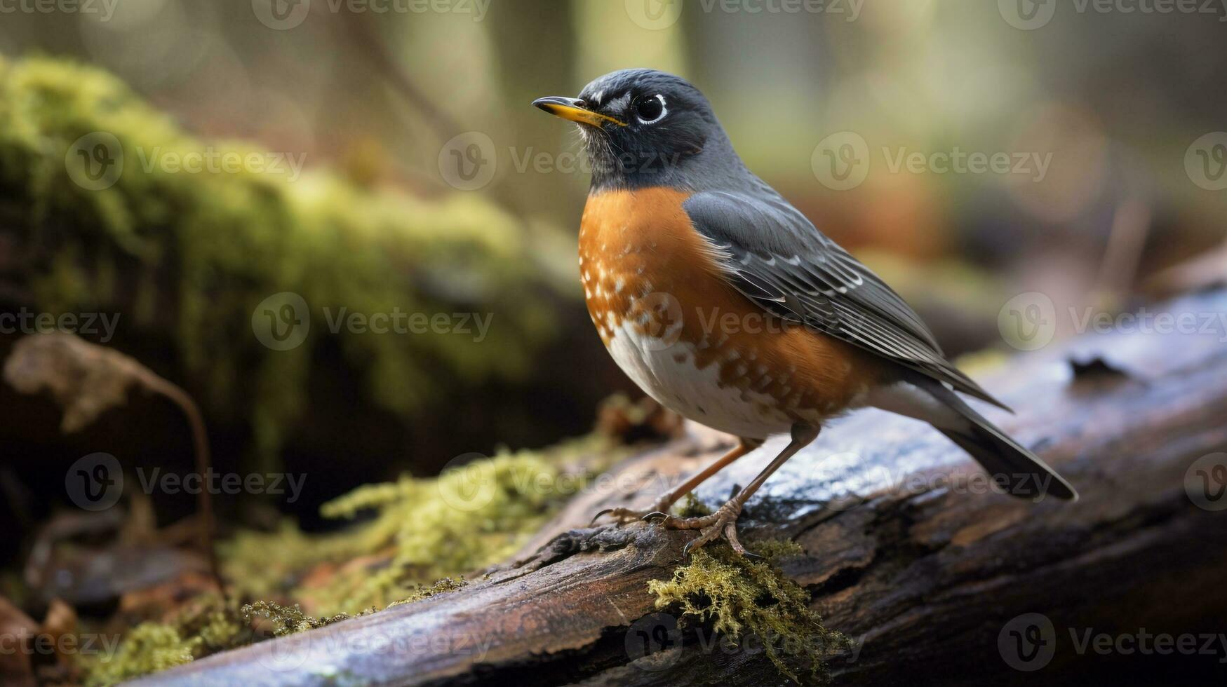 photo de une américain Robin permanent sur une déchue arbre branche à Matin