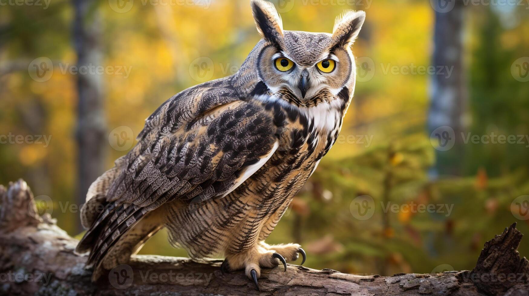 photo de une génial cornu hibou permanent sur une déchue arbre branche à Matin. génératif ai