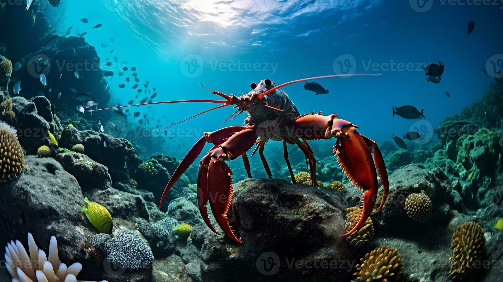 photo de Homard avec divers poisson entre en bonne santé corail récifs dans le bleu océan. génératif ai