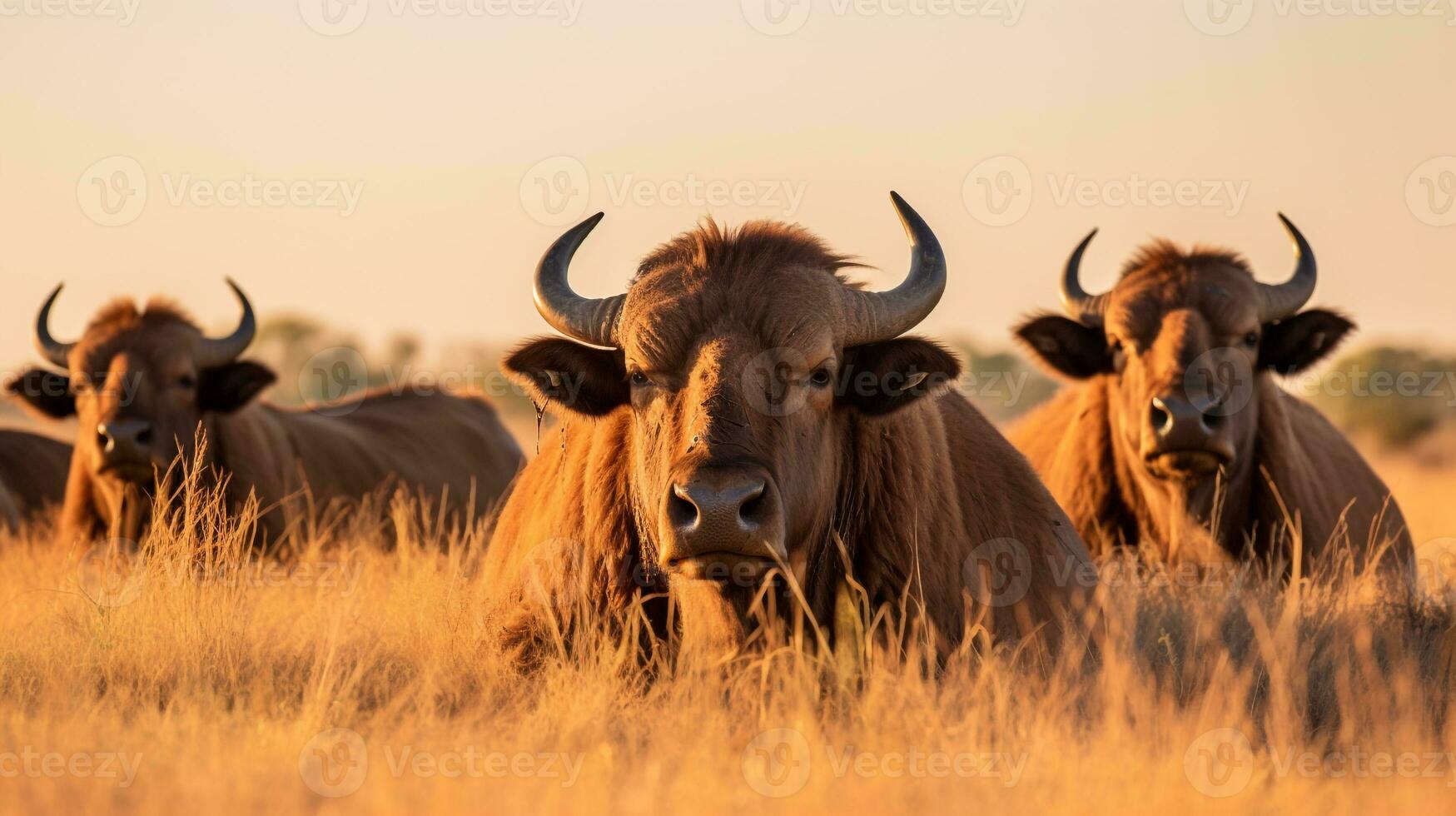 photo de une troupeau de bison repos dans un ouvert zone sur le savane. génératif ai