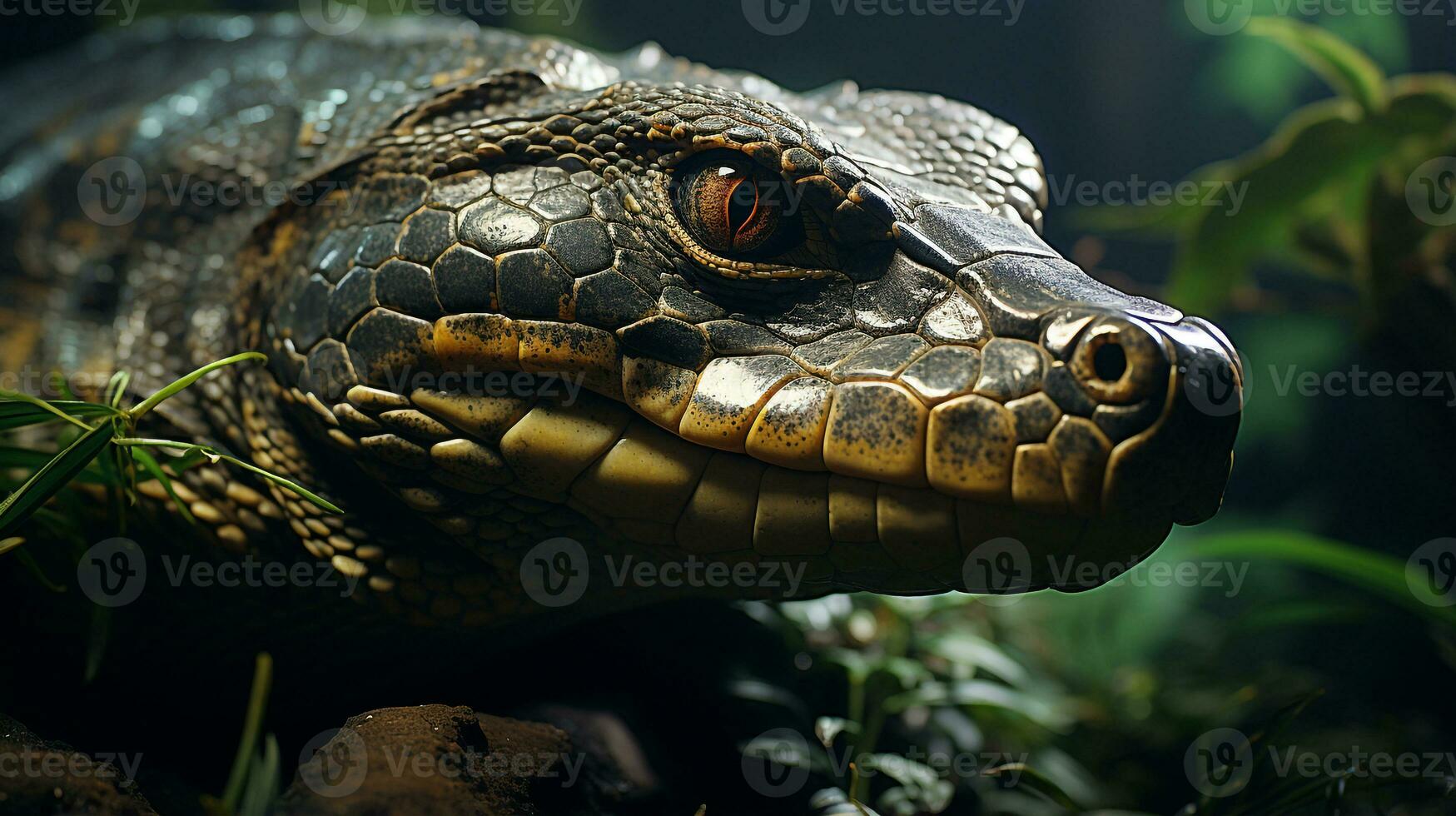 fermer photo de une anaconda à la recherche dans leur habitat. génératif ai