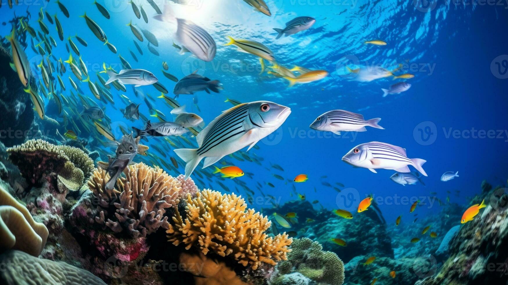 photo de poisson zèbre avec divers poisson entre en bonne santé corail récifs dans le bleu océan. génératif ai
