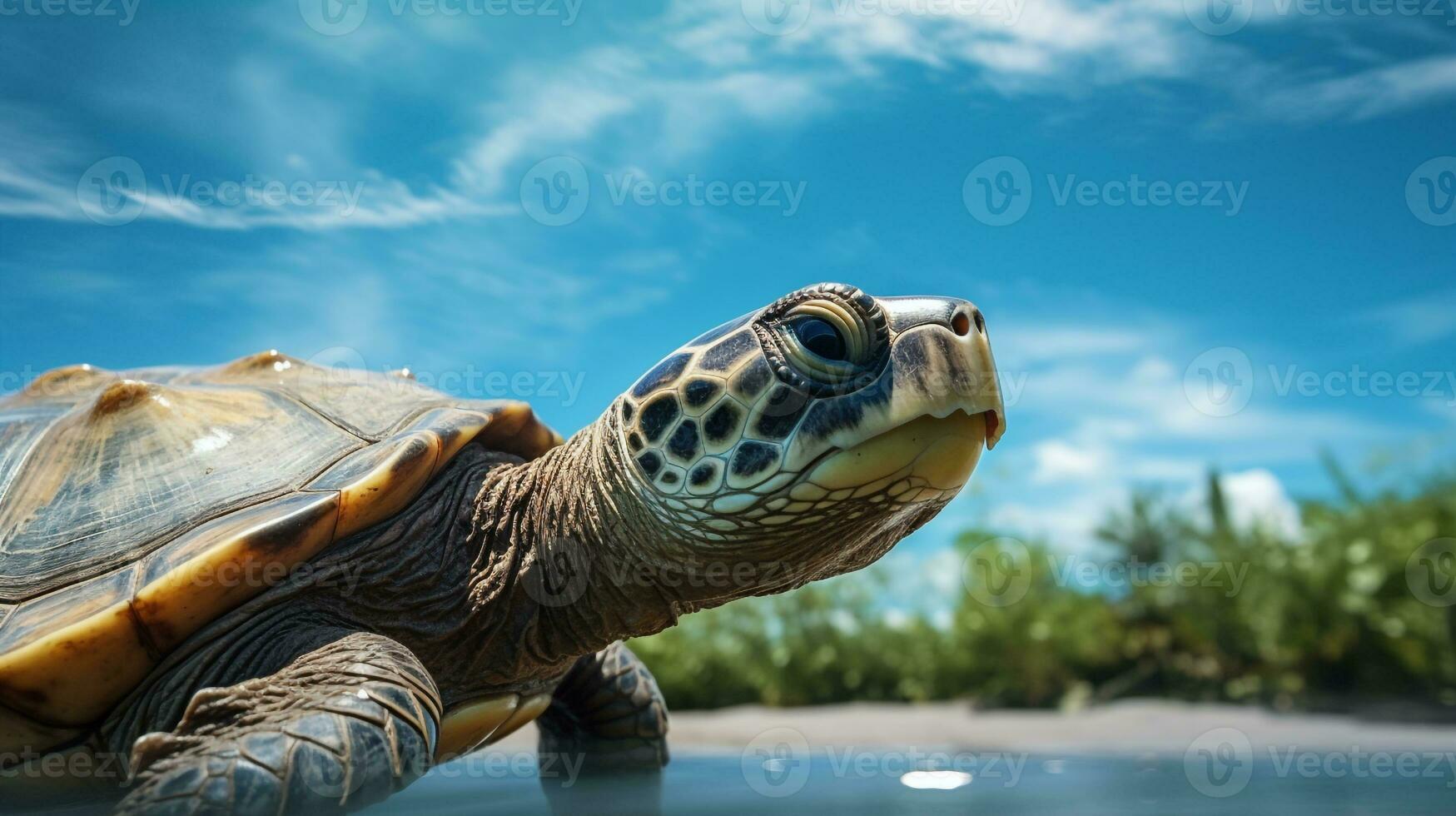 photo de une tortue en dessous de bleu ciel. génératif ai