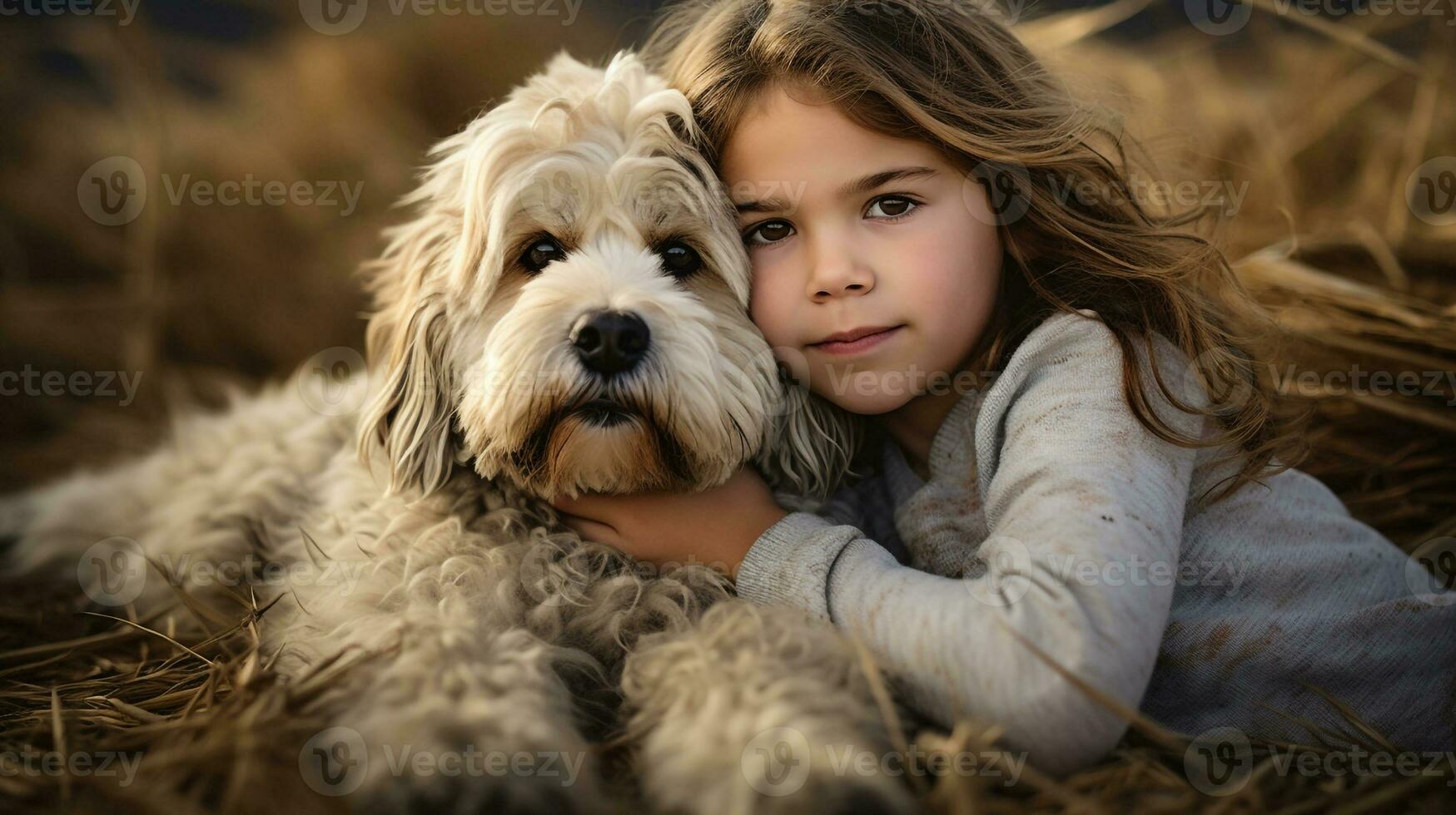 selfie photo de une peu garçon avec le sien chien . génératif ai