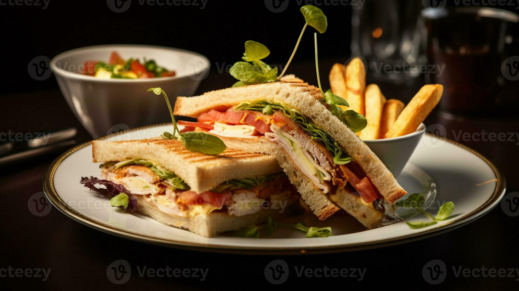 photo de club sandwich comme une plat dans une haut de gamme restaurant. génératif ai