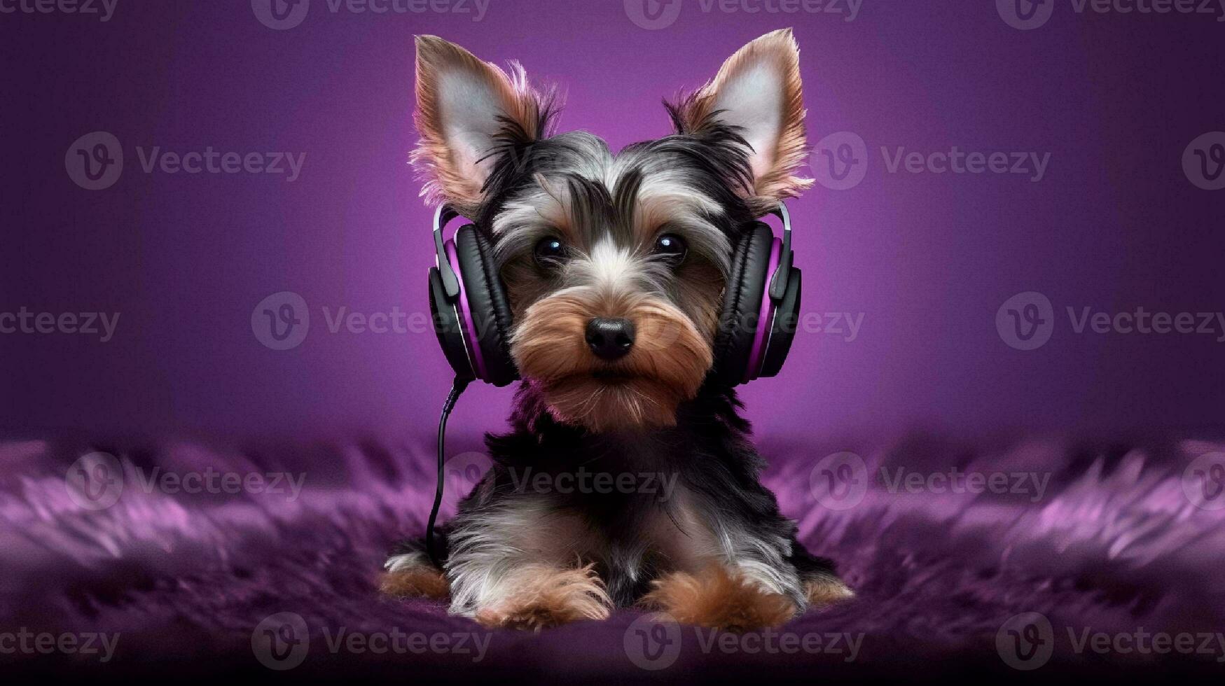 photo de Yorkshire terrier en utilisant casque de musique sur violet Contexte. génératif ai