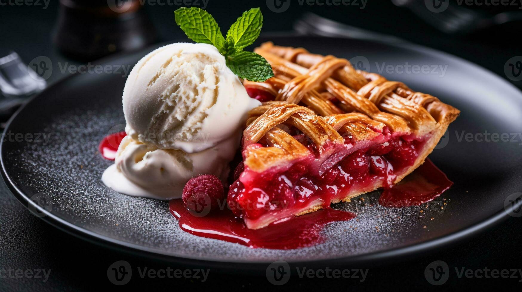 photo de Rhubarbe tarte comme une plat dans une haut de gamme restaurant. génératif ai