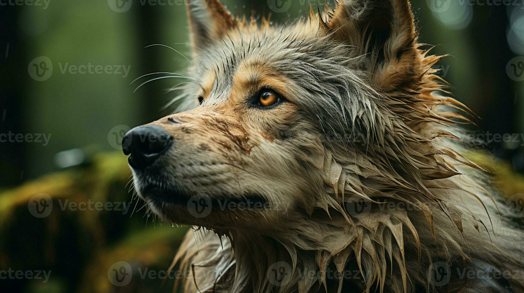 fermer photo de une Loup à la recherche tout direction sur jungle. génératif ai