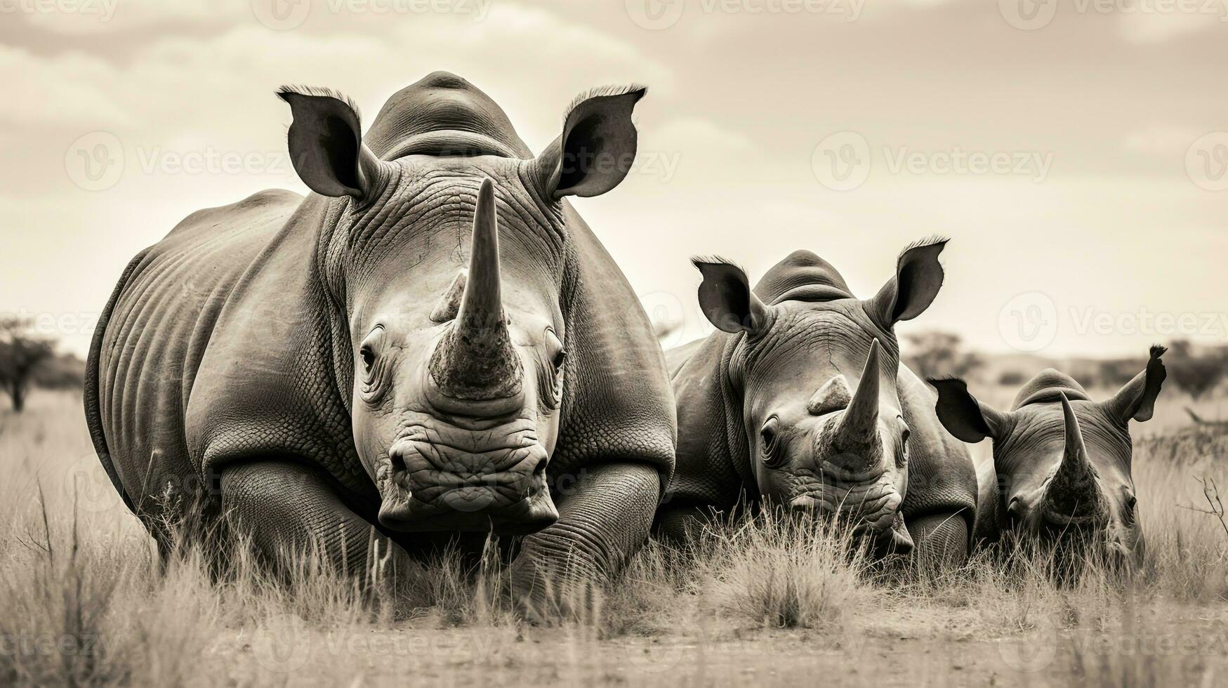 photo de une troupeau de rhinocéros repos dans un ouvert zone sur le savane. génératif ai