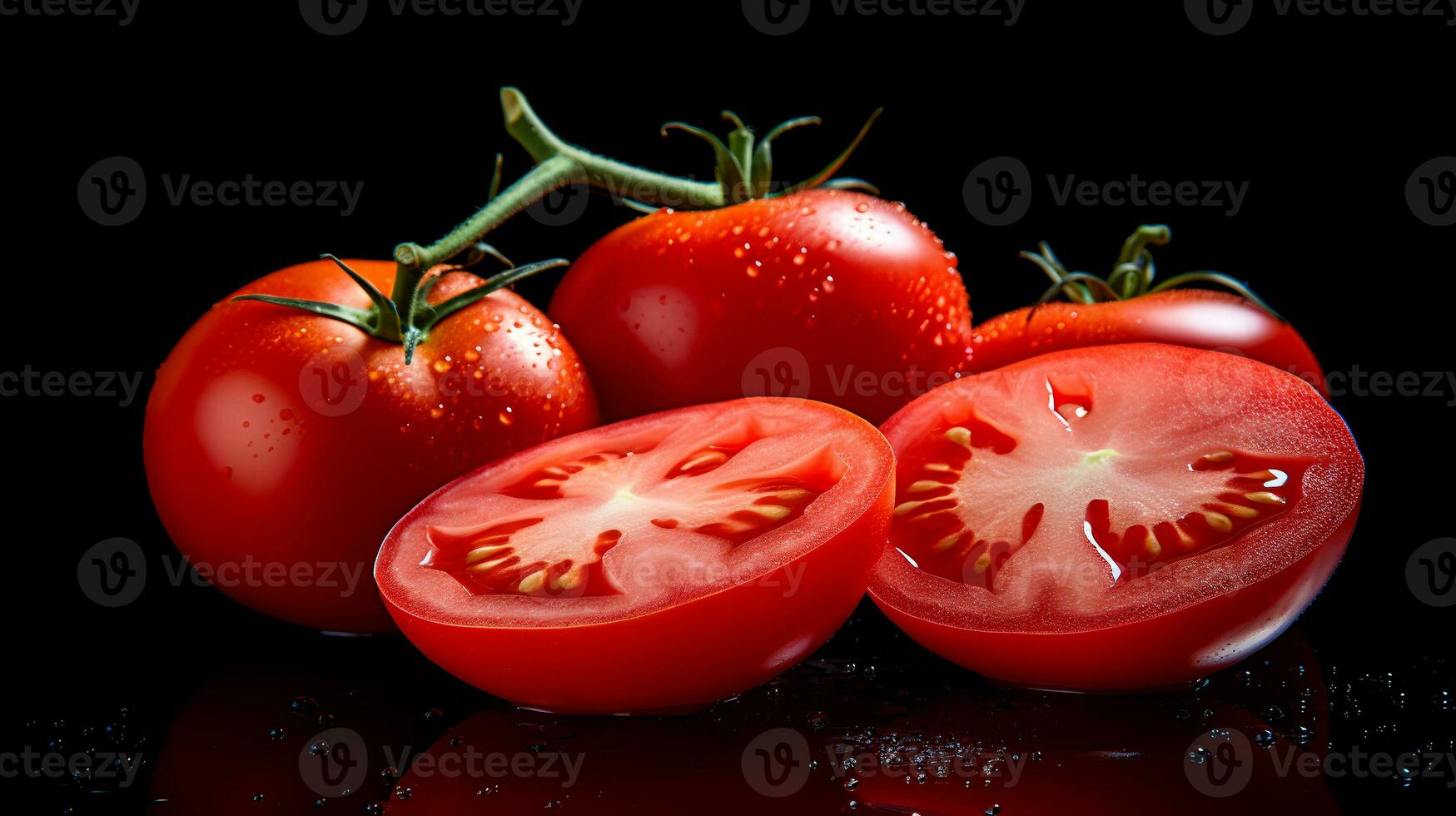 photo de tomates et tranche de tomate isolé sur noir Contexte. génératif ai