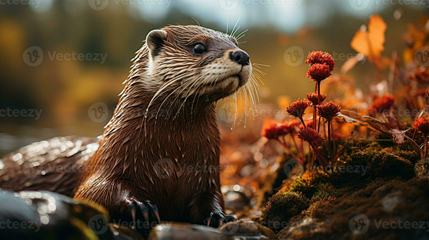 fermer photo de une loutre à la recherche tout direction. génératif ai