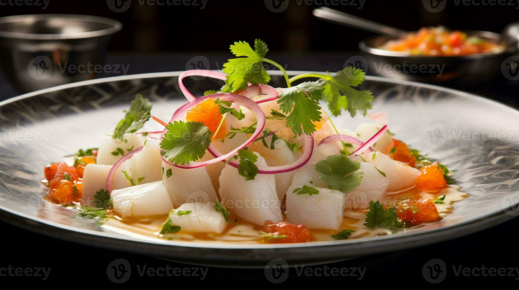 photo de noix de coco Ceviche comme une plat dans une haut de gamme restaurant. génératif ai