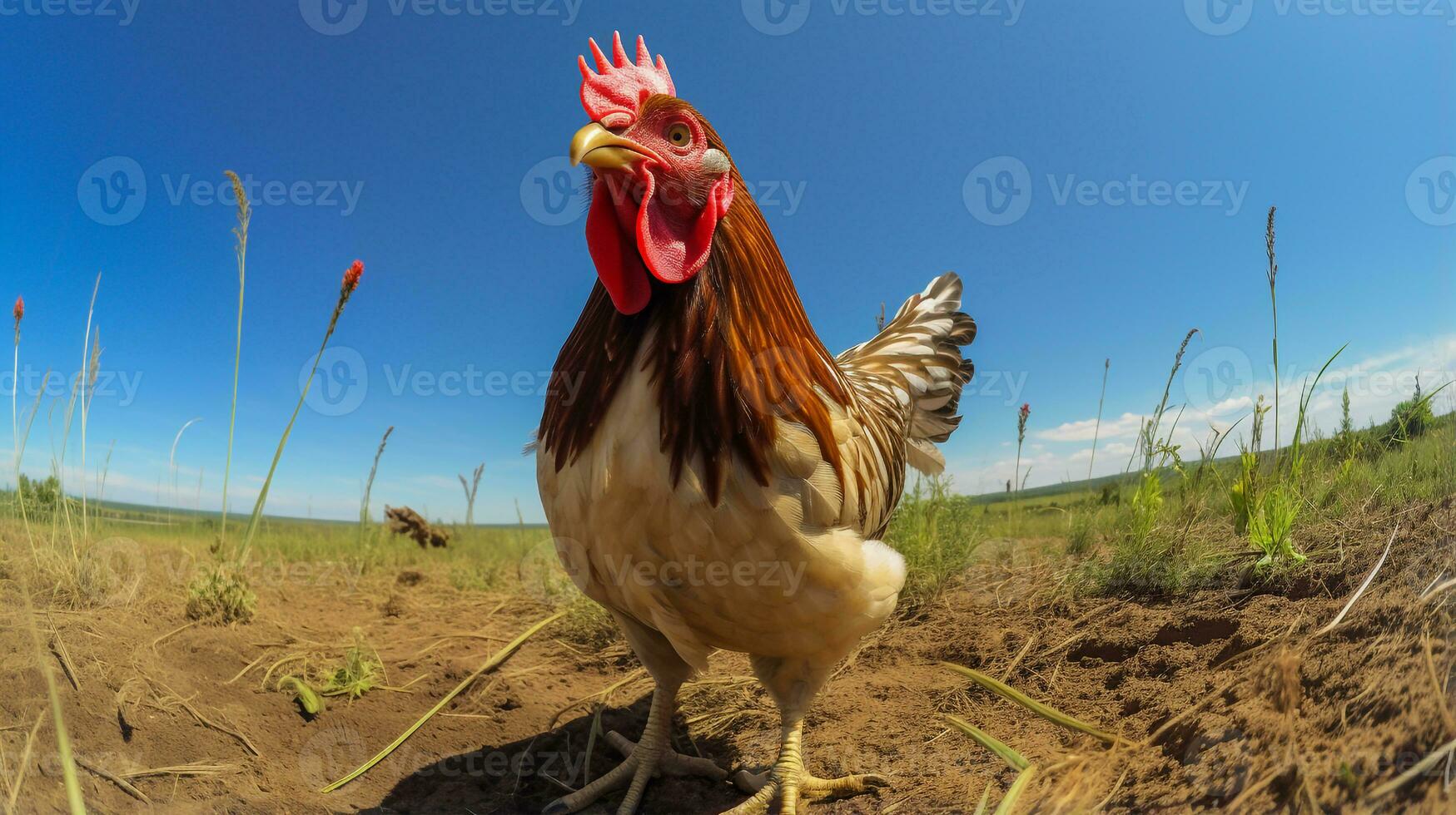 photo de une coq nain poulet dans le les terres agricoles. génératif ai