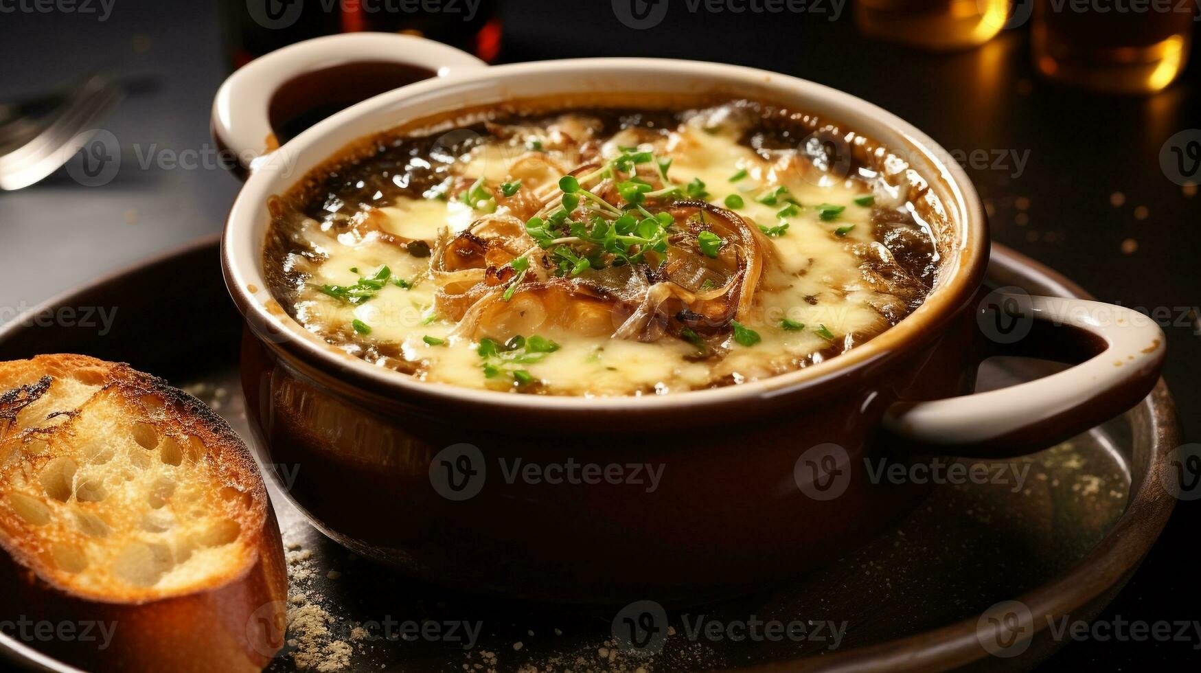 photo de français oignon soupe comme une plat dans une haut de gamme restaurant. génératif ai