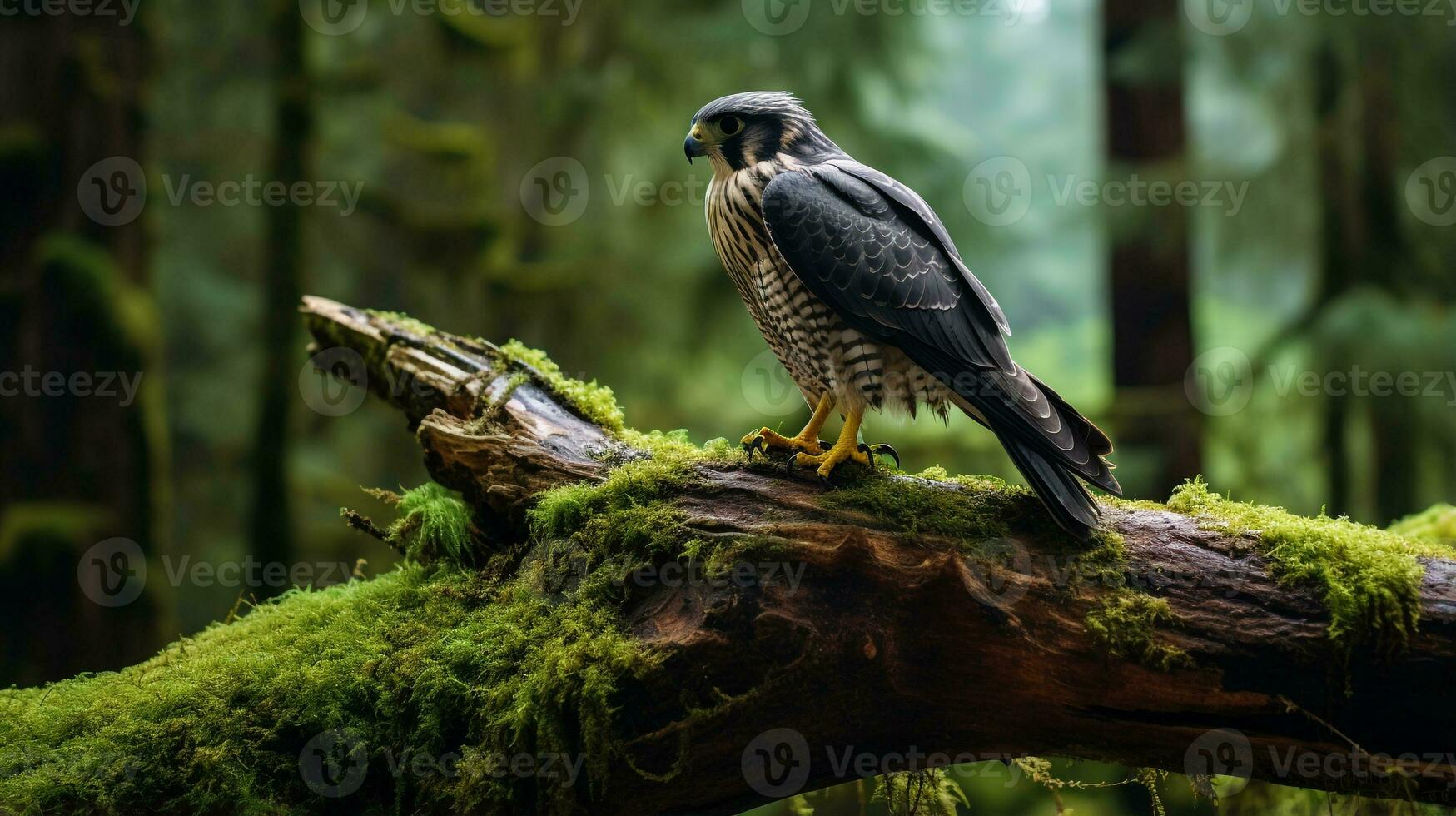 photo de une pèlerin faucon permanent sur une déchue arbre branche à Matin. génératif ai