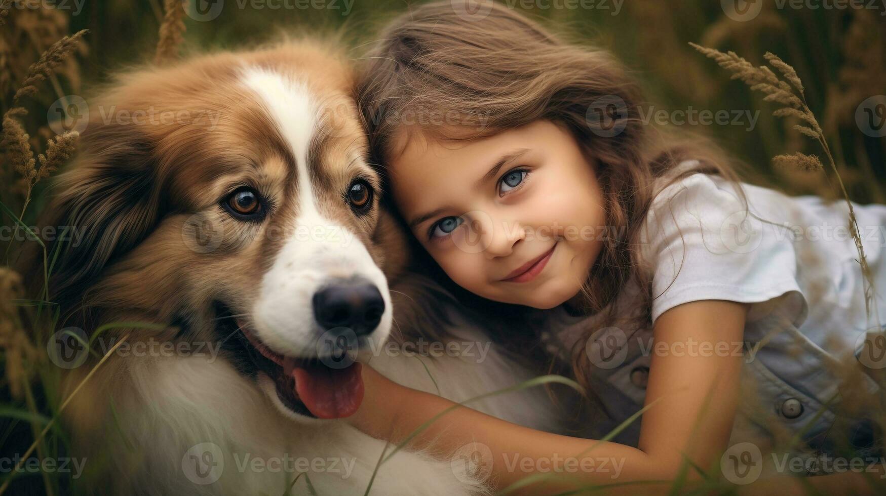 selfie photo de une peu garçon avec le sien chien . génératif ai