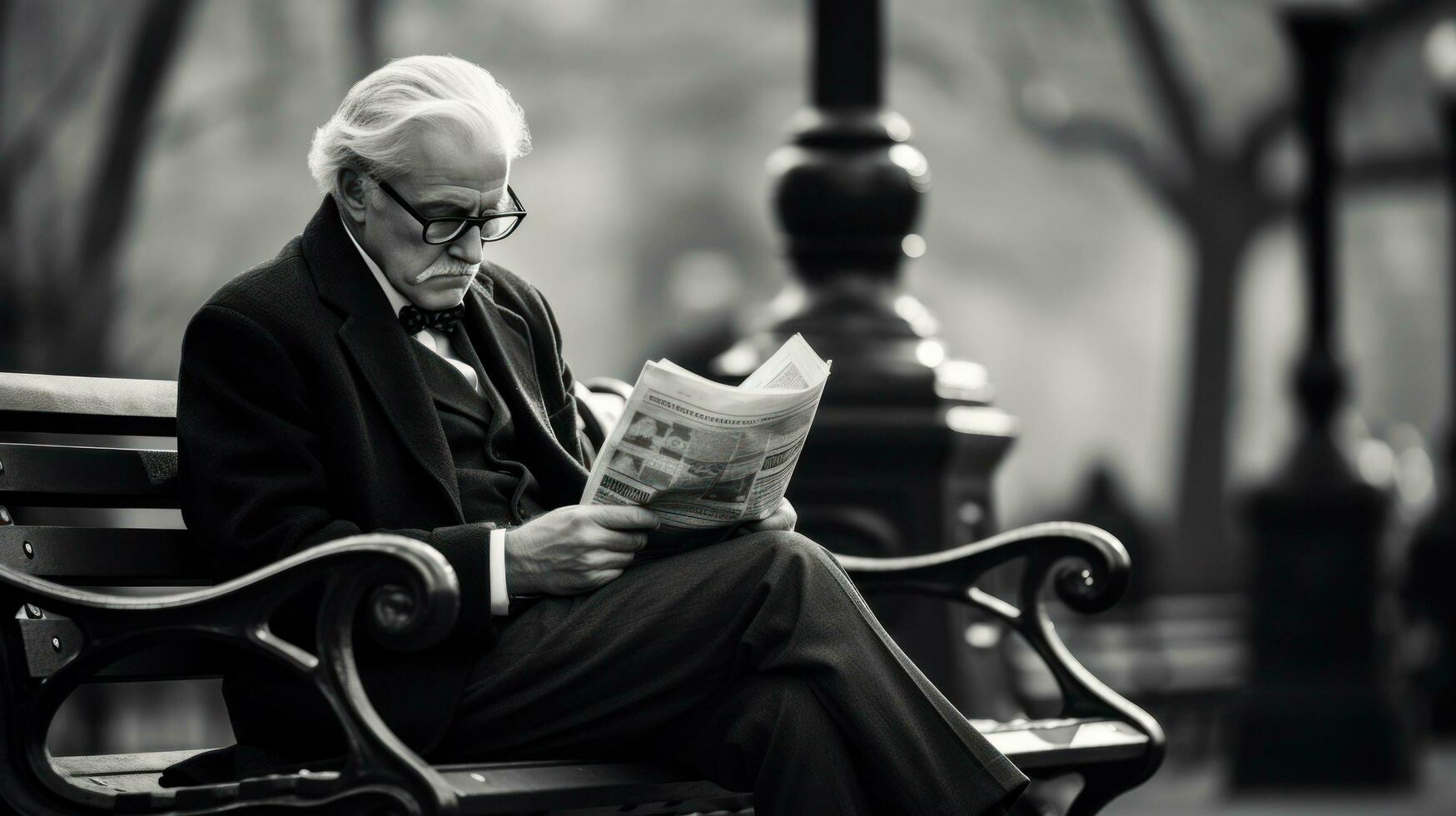 homme en train de lire journal sur une parc banc photo