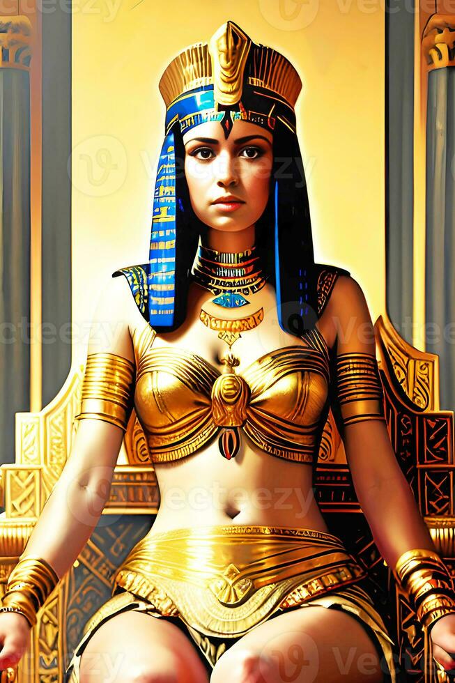 magnifique égyptien femme séance sur une trône. ai génératif photo