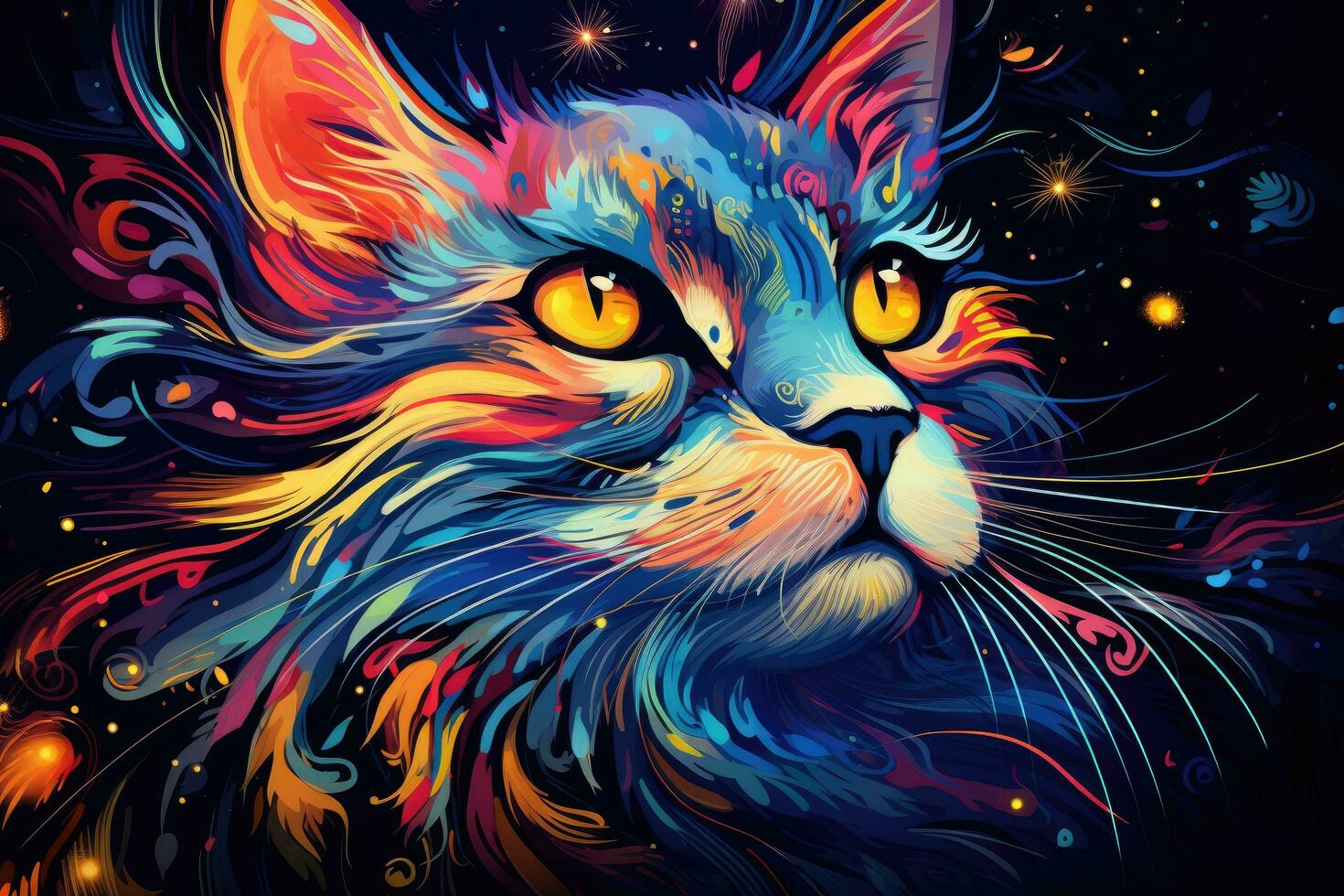 illustration de une chats tête sur une cosmique Contexte avec étoiles Contexte avec une chat Couleur art, ai généré photo