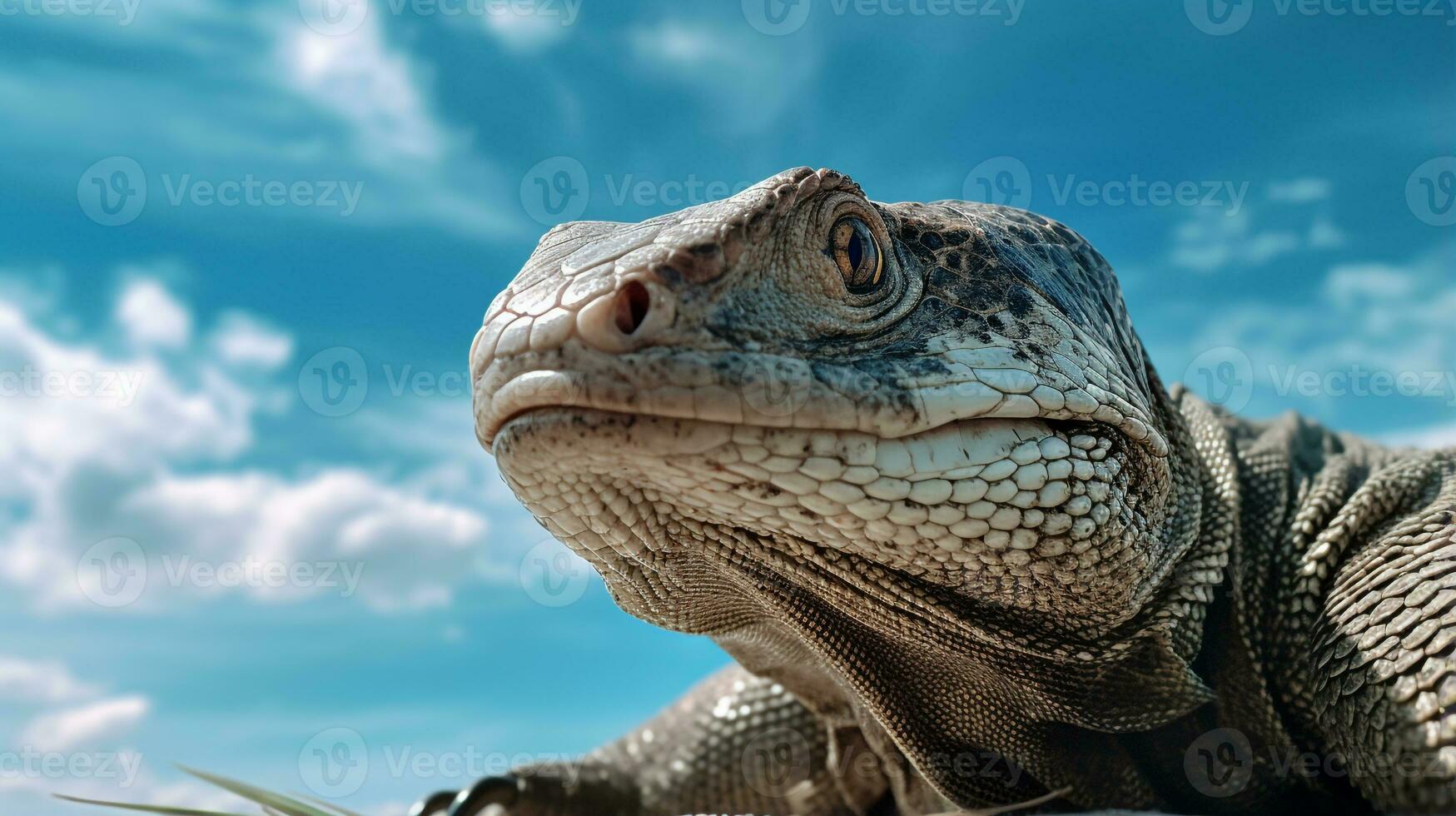 photo de une moniteur lézard en dessous de bleu ciel. génératif ai