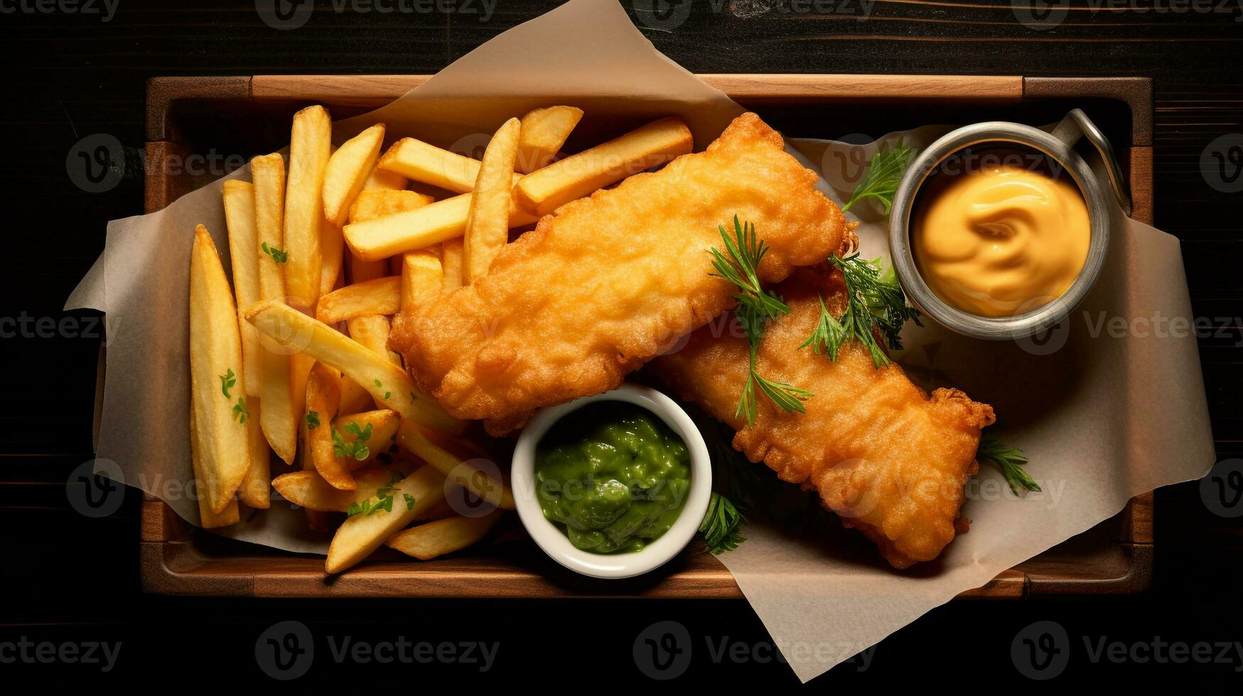 photo de poisson et frites comme une plat dans une haut de gamme restaurant. génératif ai