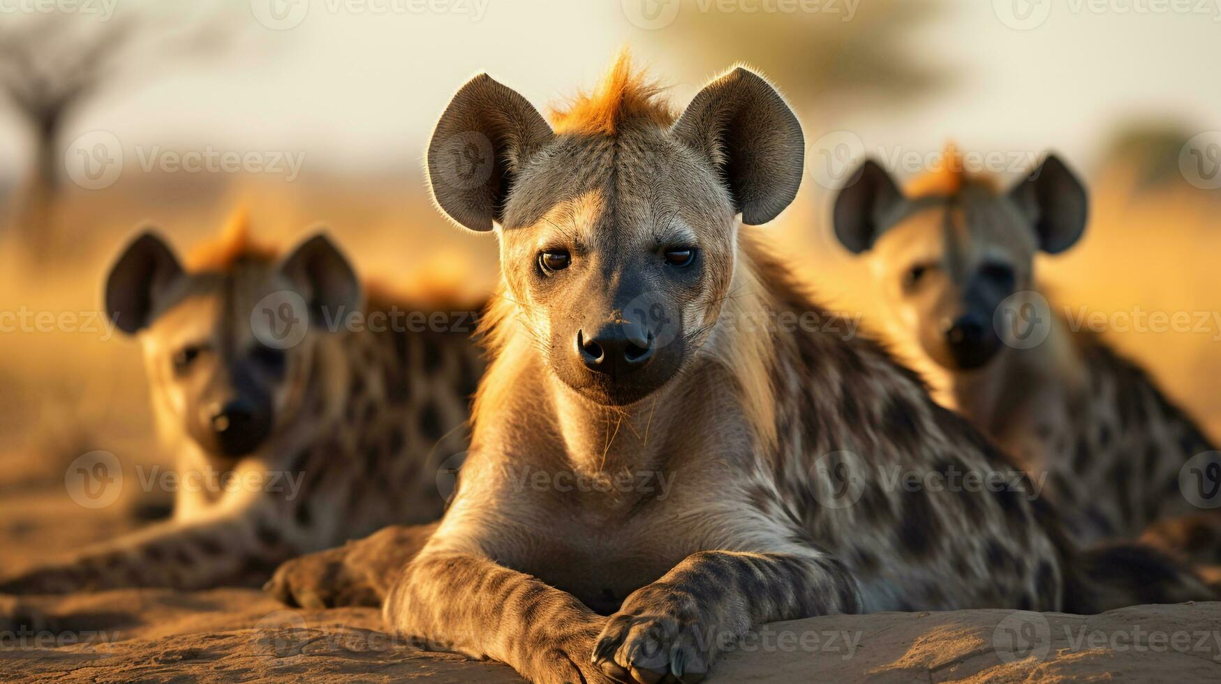 photo de une troupeau de hyène repos dans un ouvert zone sur le savane. génératif ai