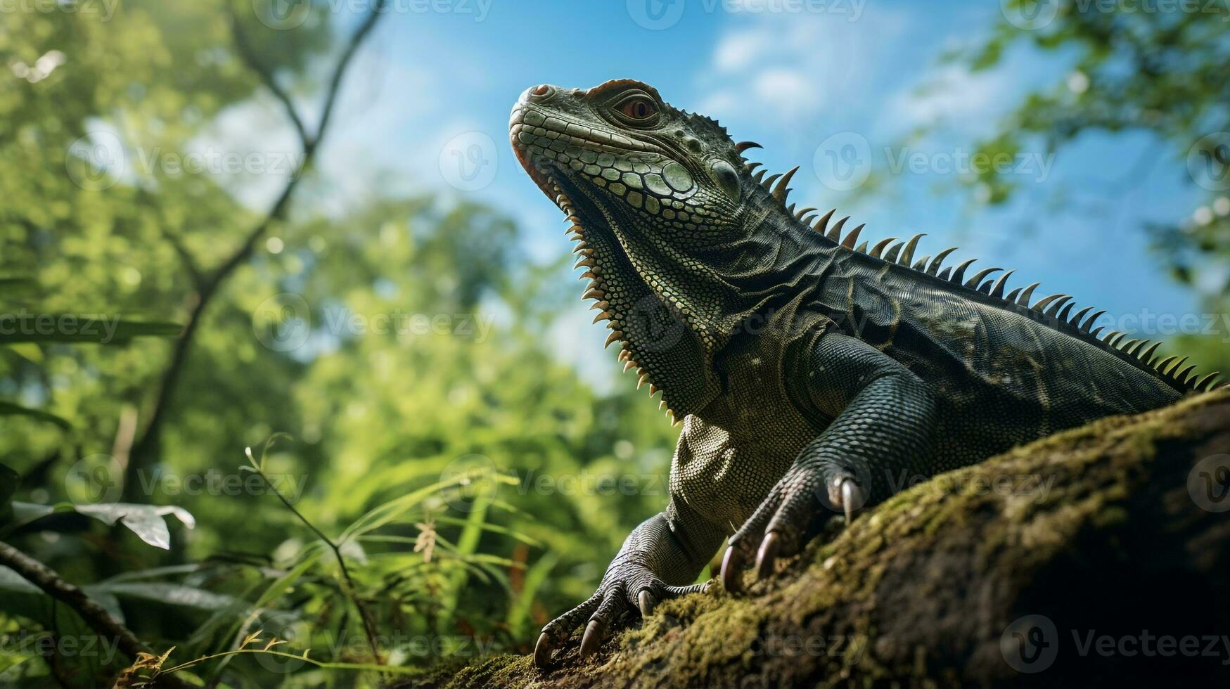 photo de iguane dans là forêt avec bleu ciel. génératif ai