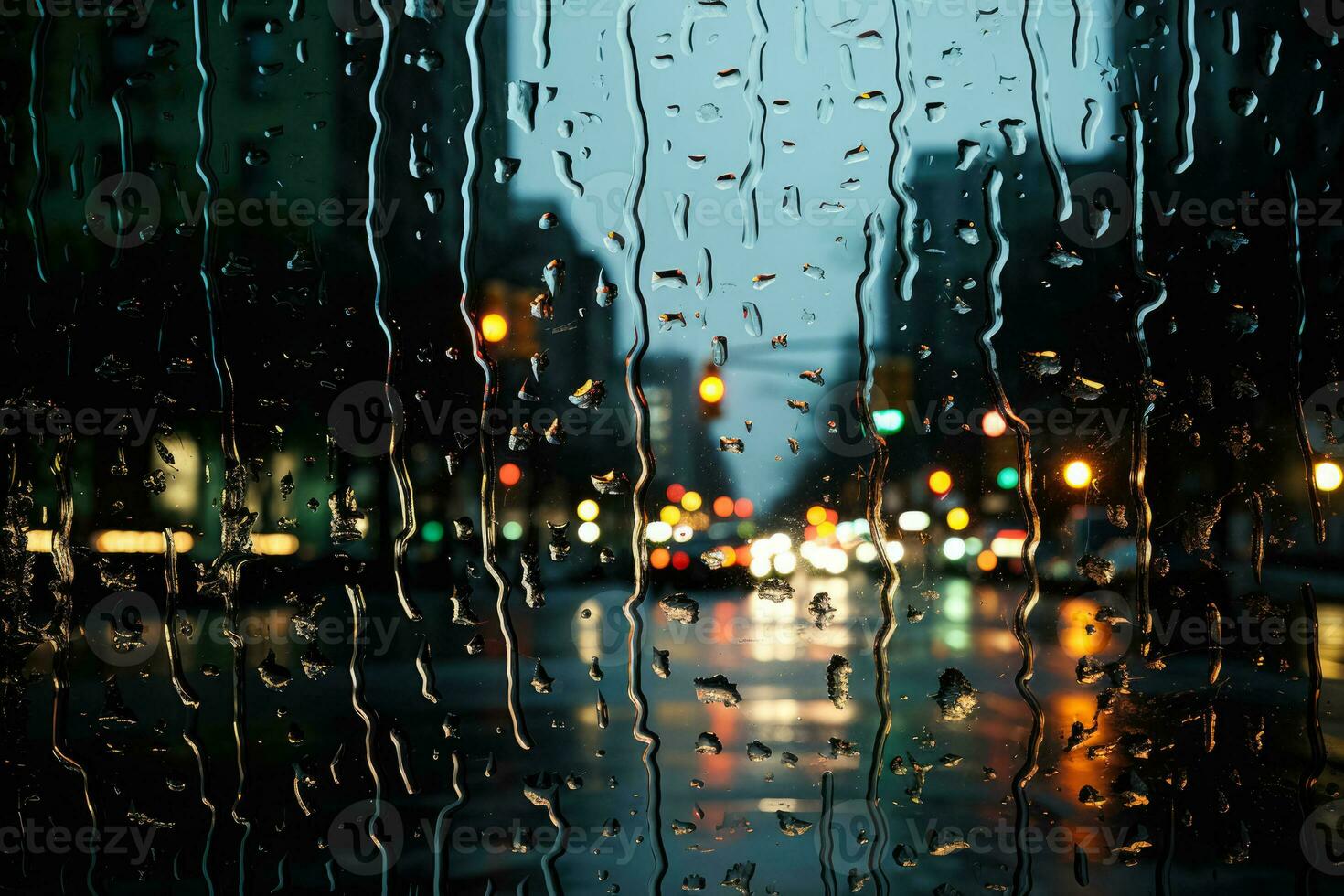 Urbain reflets dansant dans gouttes de pluie sur une fenêtre une tempêtes conséquences photo