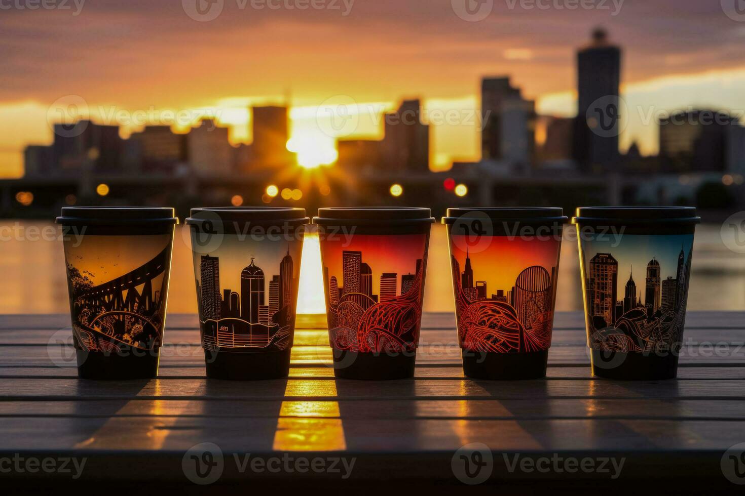 Urbain horizon réfléchi dans brillant à emporter café tasses pendant lever du soleil photo