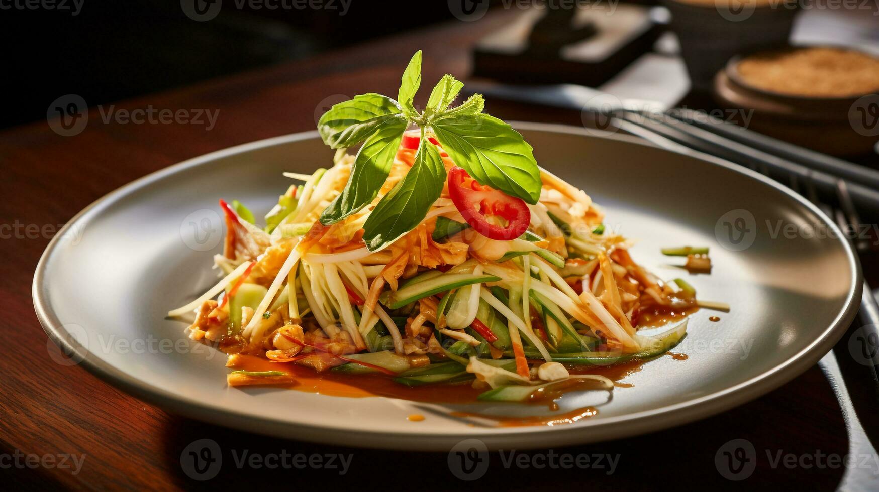 photo de vert Papaye salade comme une plat dans une haut de gamme restaurant. génératif ai