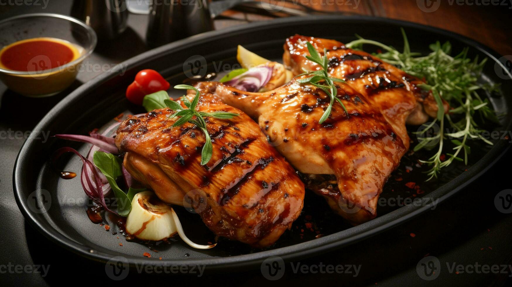 photo de grillé un barbecue poulet comme une plat dans une haut de gamme restaurant. génératif ai