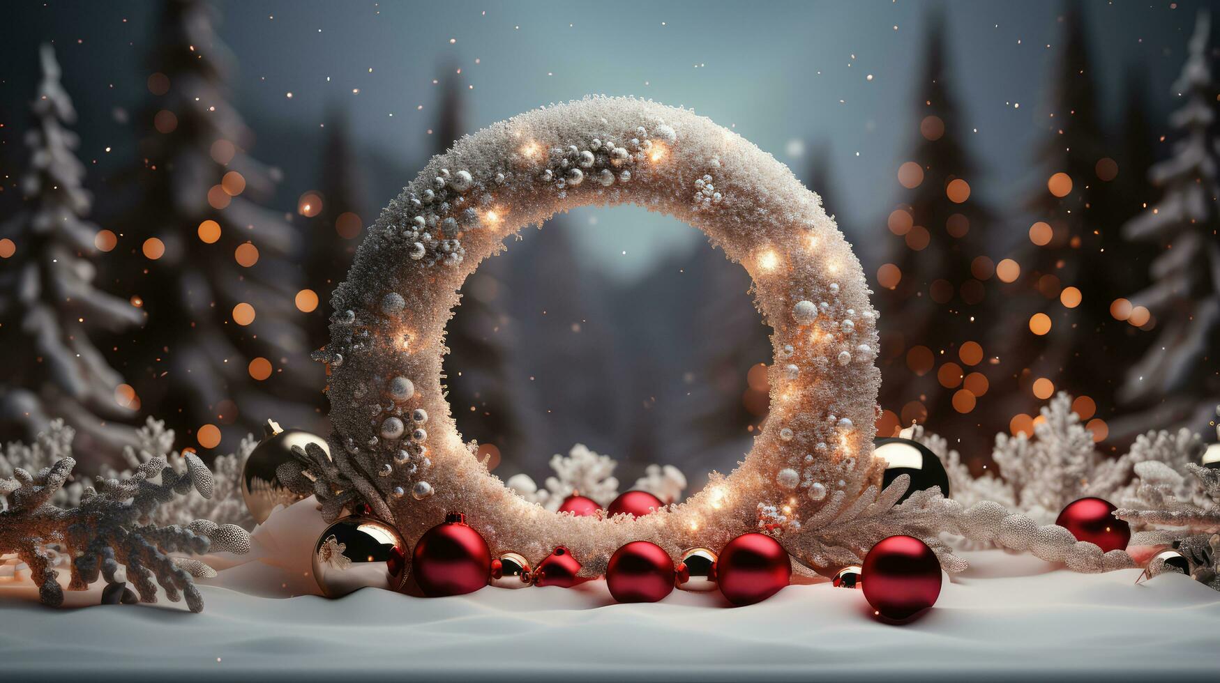 Noël Contexte avec couronne rouge babioles neige photo