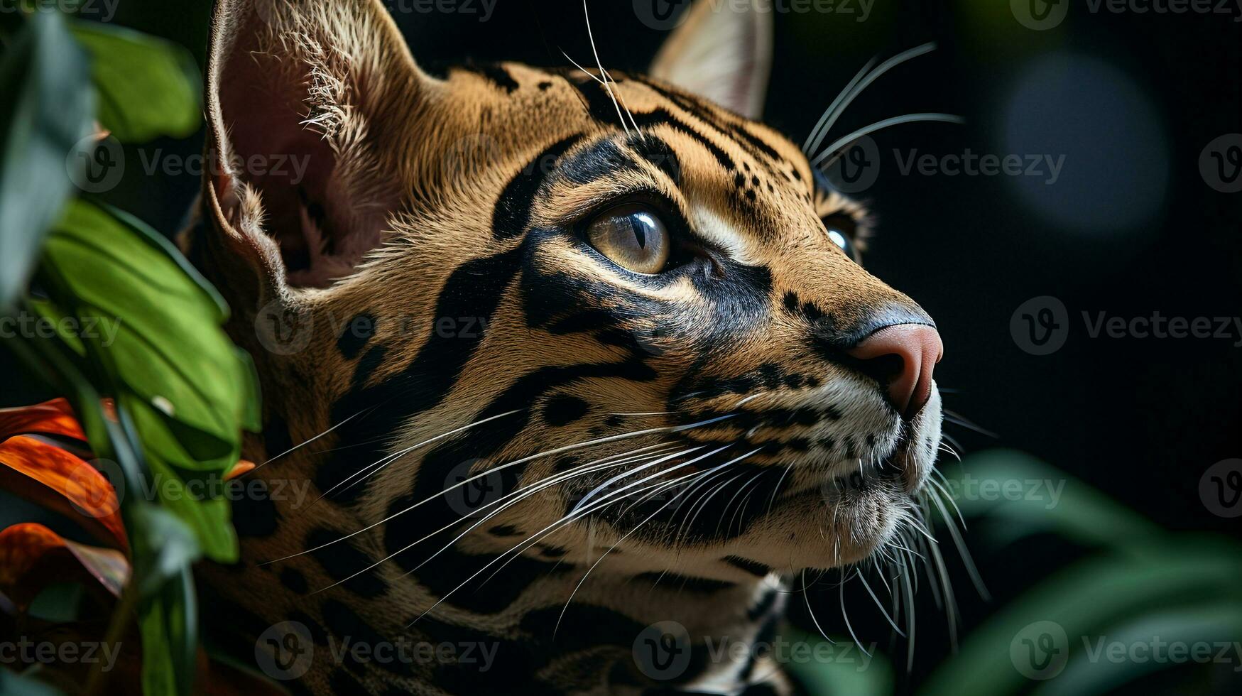 fermer photo de une ocelot à la recherche tout direction sur jungle. génératif ai