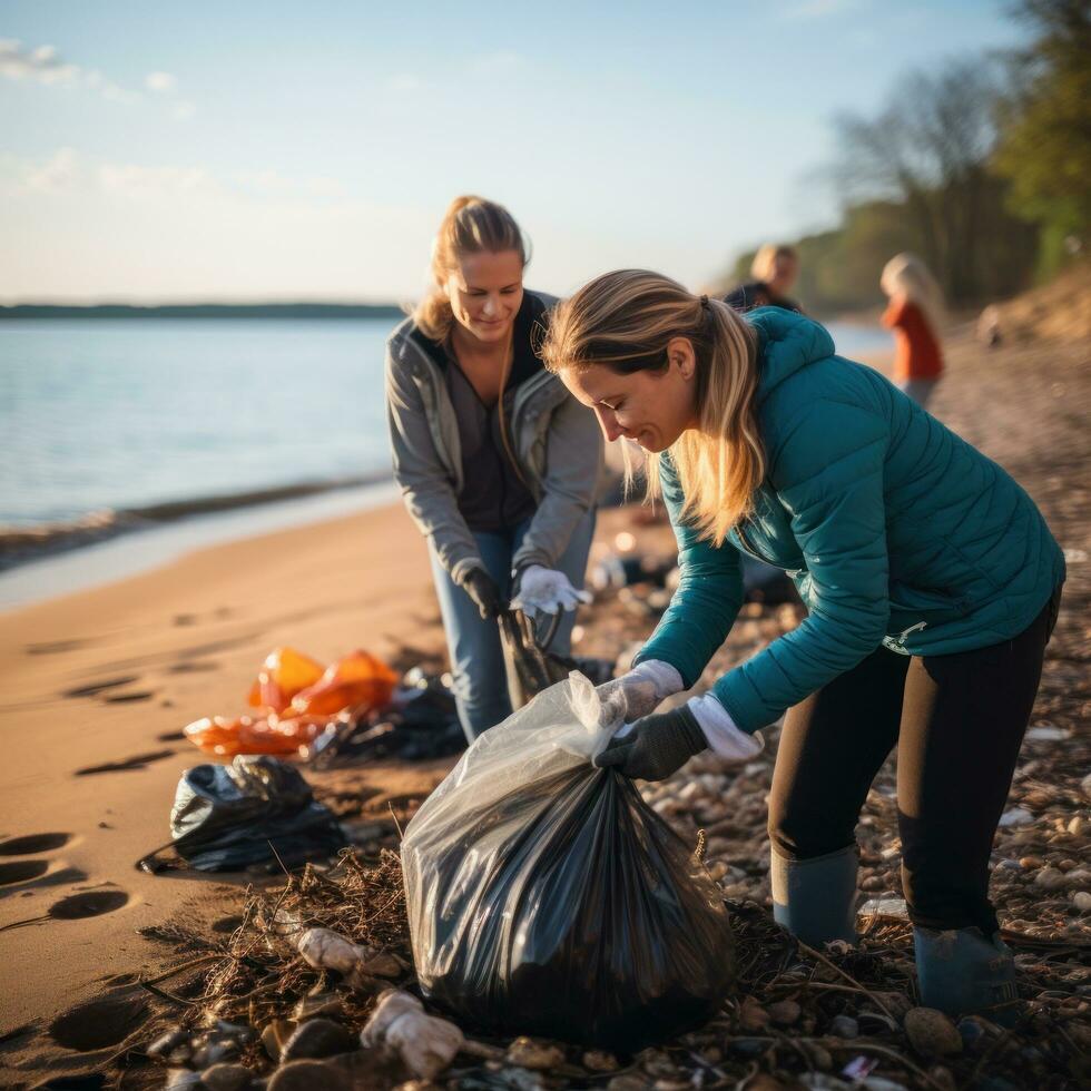 plage nettoyer. bénévoles collecte poubelle sur une sablonneux rive photo