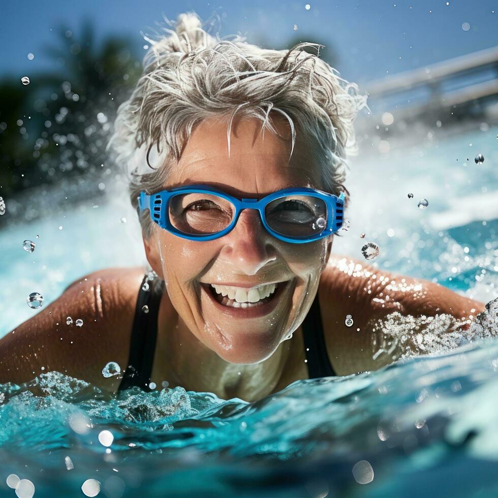 mature femme natation, des lunettes de protection, bleu eau, concentré expression, exercice photo