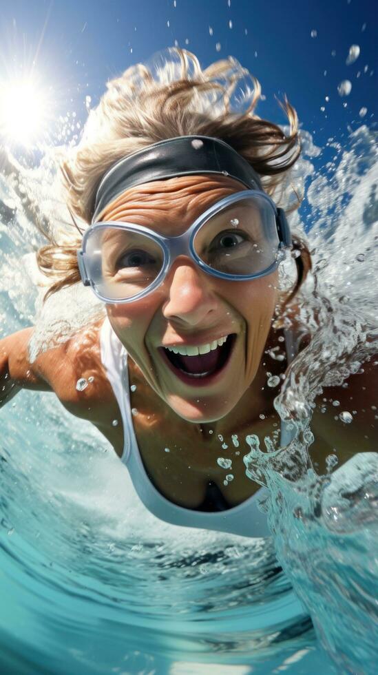 mature femme natation, des lunettes de protection, bleu eau, concentré expression, exercice photo