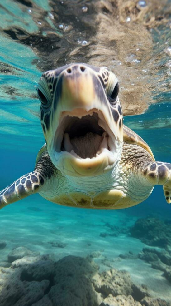 Plastique pollution. une mer tortue luttes avec une Plastique sac photo