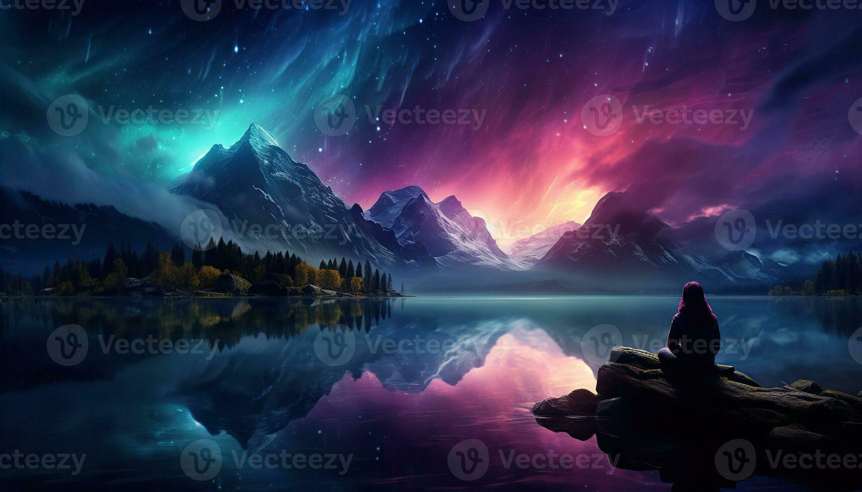 aurore borealis Lac neigeux des arbres montagnes. établi avec génératif ai photo