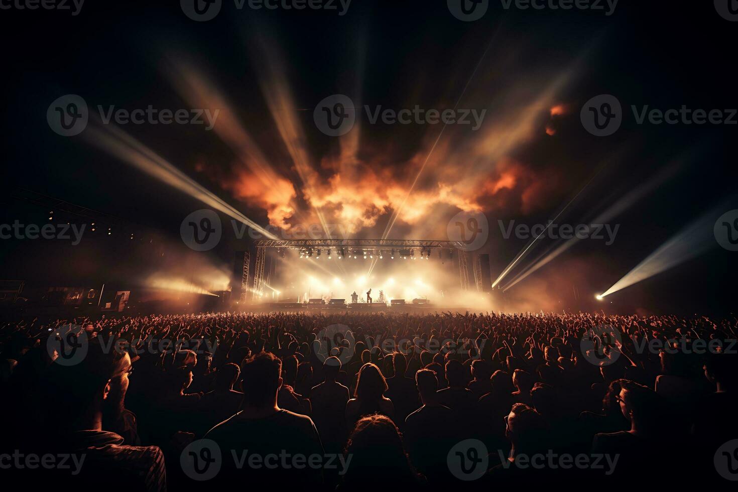 groupe de gens à une concert foule. avec fête lumières et fumée. ai généré photo