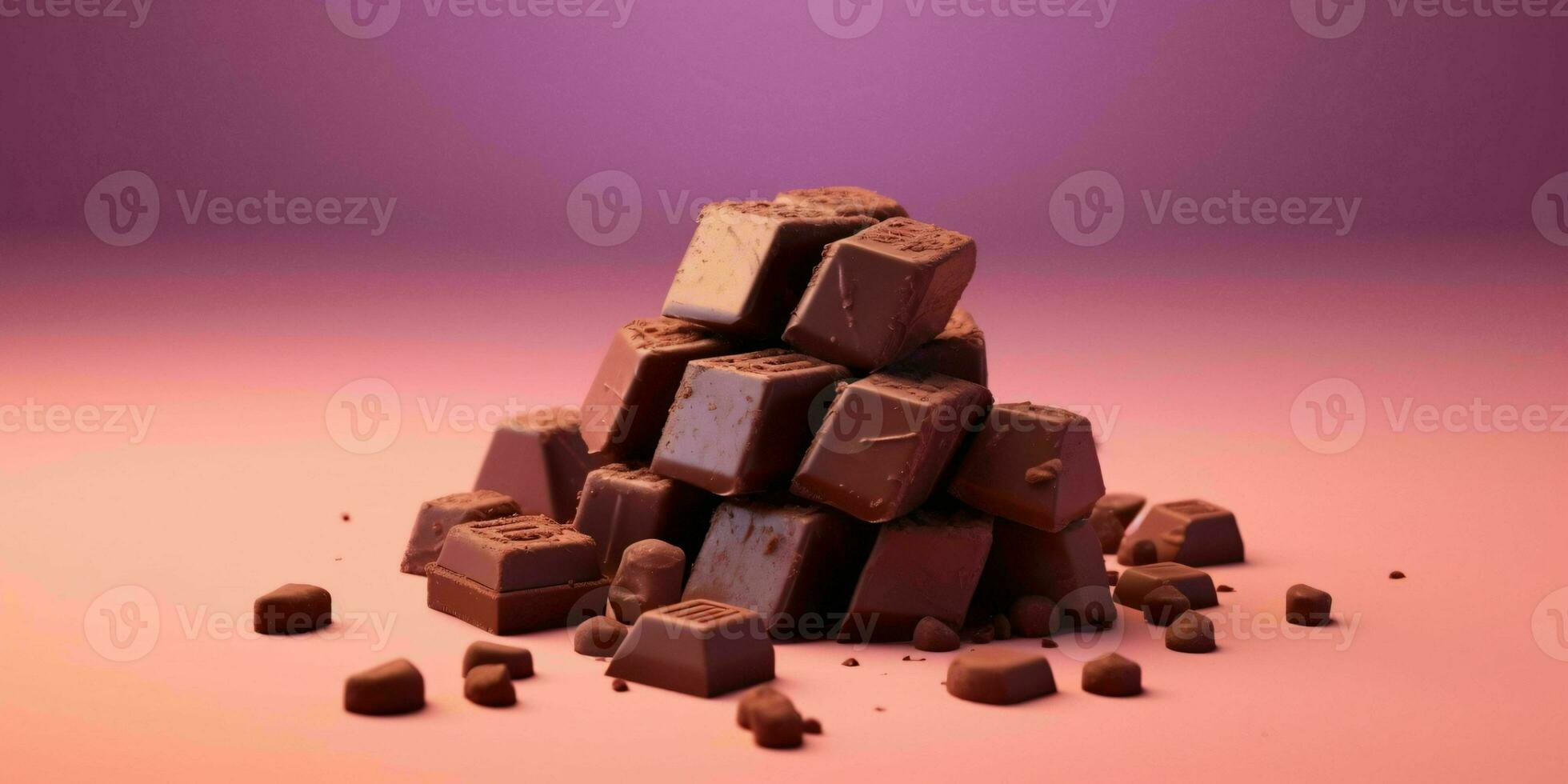 pièces de Chocolat isolé sur rose Contexte. délicieux Chocolat bar. génératif ai photo