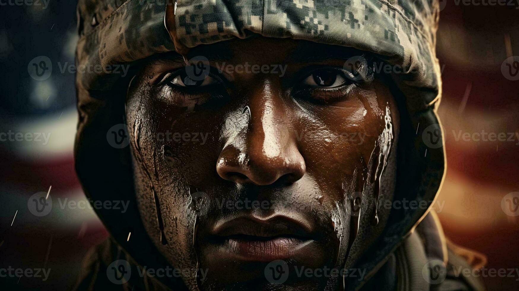 une homme américain soldat militaire Marin des stands contre le Contexte de le américain drapeau comme une symbole de indépendance. visage fermer photo