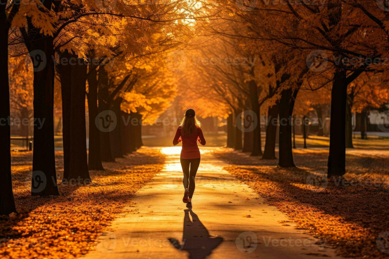 individuel le jogging par une feuille jonché parc pendant l'automne à renforcer immunité photo