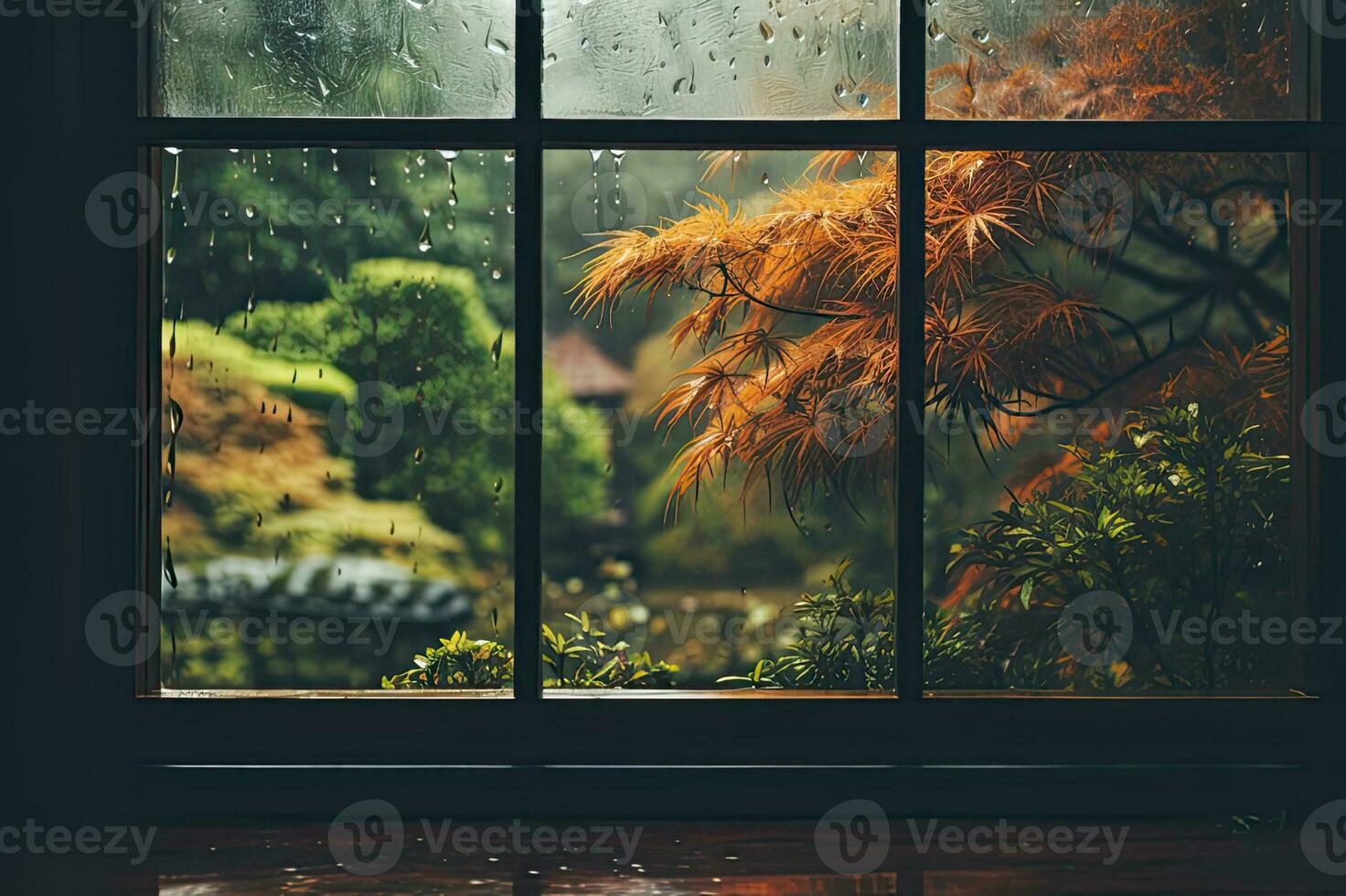 l'automne pluie dans Japon vue par ancien bois fenêtre confortable intérieur la perspective avec pluvieux temps Contexte papier peint génératif ai photo