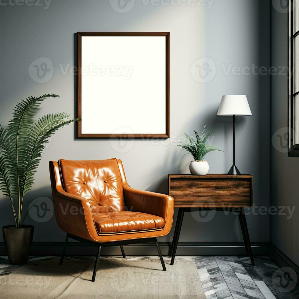 élégant ancien vivant pièce intérieur conception avec ancien les fauteuils, en bois commode, et maquette affiche Cadre une classique rétro style espace avec Accueil accessoires, gris mur ample copie espace génératif ai photo