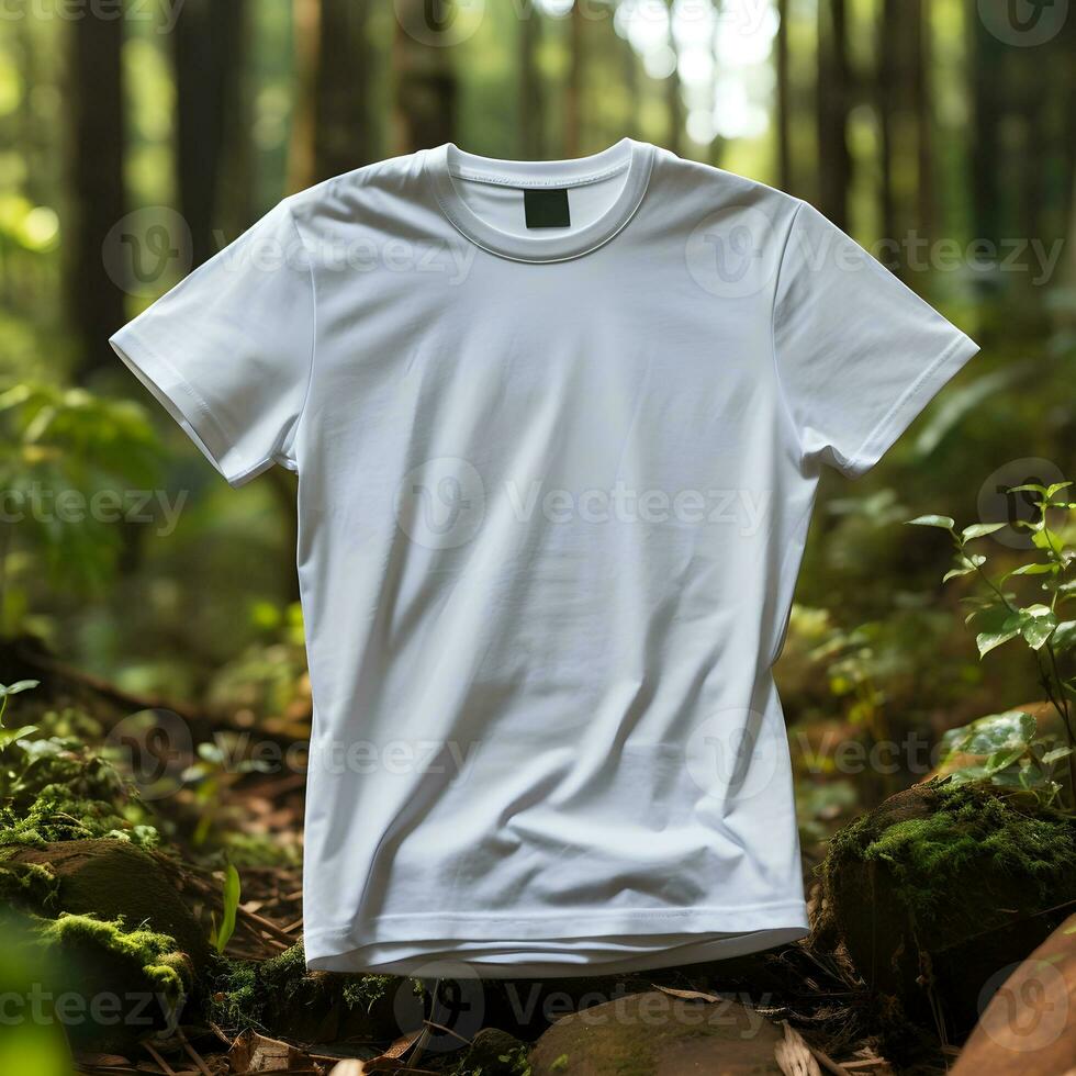 T-shirt maquette avec forêt Contexte unir style et nature, ai généré photo
