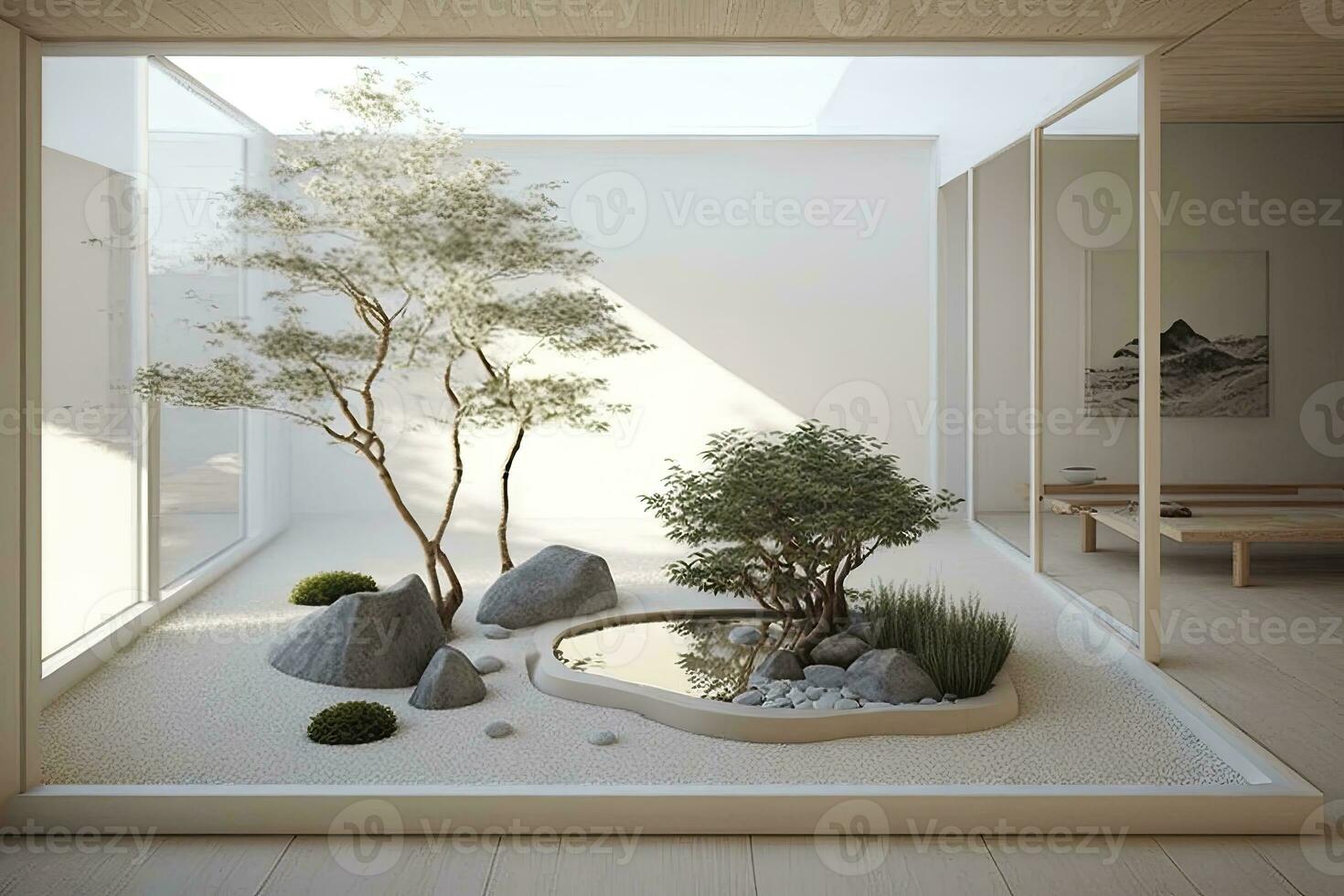 simplicité et sérénité dans une Naturel ouvert plan Zen jardin intérieur  conception 29971104 Photo de stock chez Vecteezy