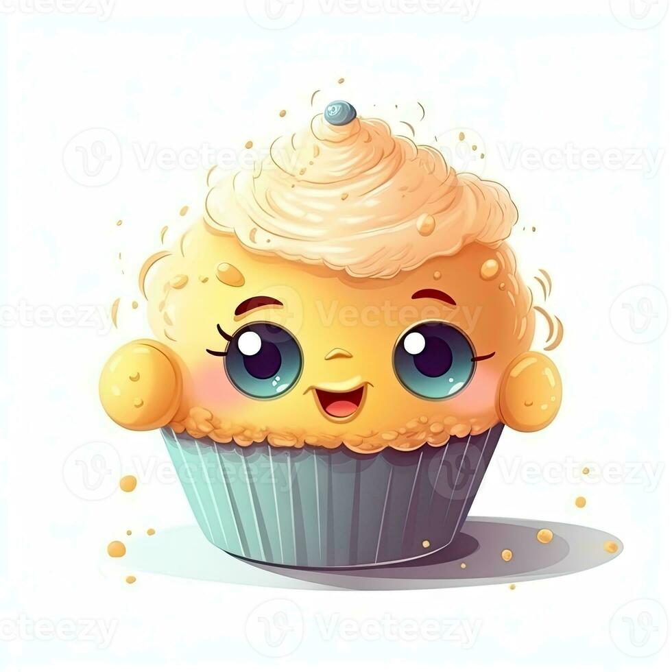 duveteux dessin animé petit gâteau avec une mousseux sourire et mignonne gentil yeux photo