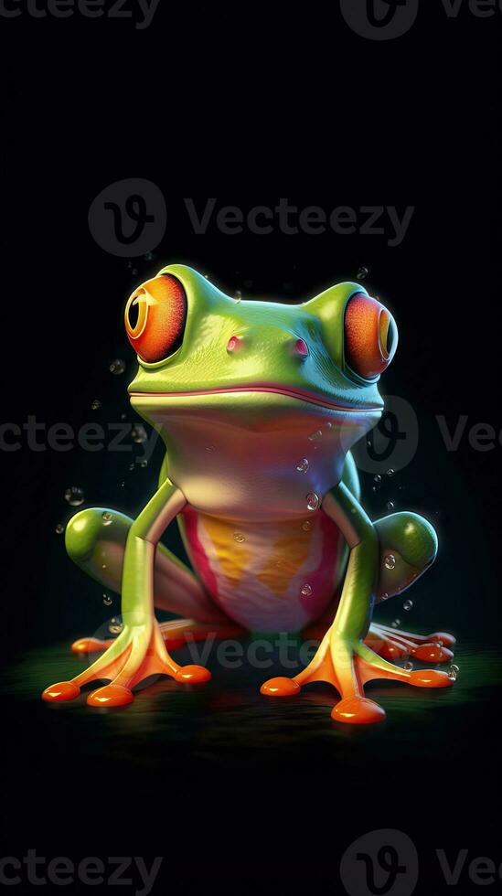 espiègle dessin animé grenouille sur foncé Contexte ai généré photo