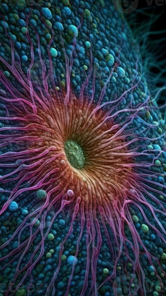 vif couleurs de cils sur une cellule surface vu par une très détaillé électron microscope génératif ai photo