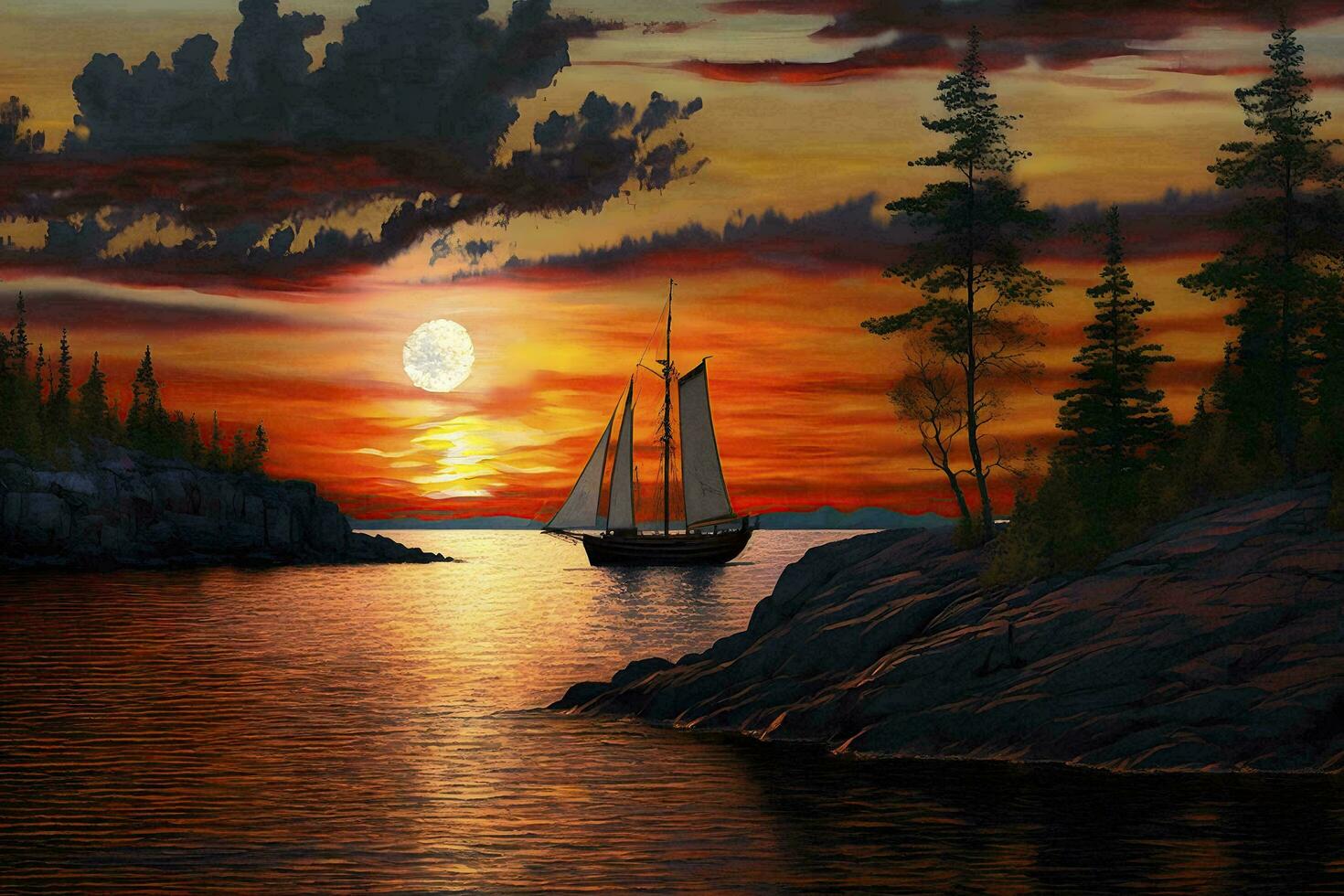 serein le coucher du soleil plus de Lac supérieur avec voile bateau ai généré photo
